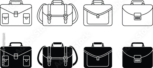 Vector illustration of briefcase icons in outline and filled styles with various clasp and strap designs