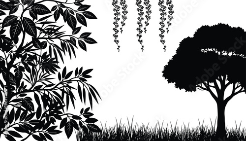 Vector illustration of black and white nature silhouette with tree, grass, foliage, and hanging vines