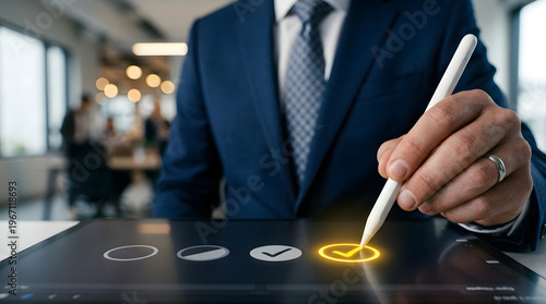 Digital Confirmation: An up-close shot features a sharp-dressed individual poised to complete a digital task, selecting an option with a precise digital stylus.