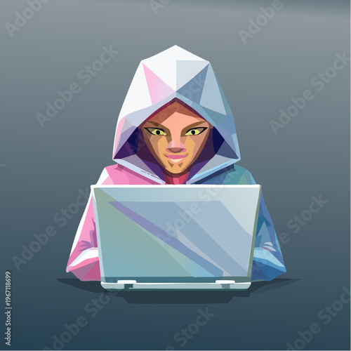 Abstrakter polygonaler Hacker mit Laptop auf dunklem Tech-Hintergrund