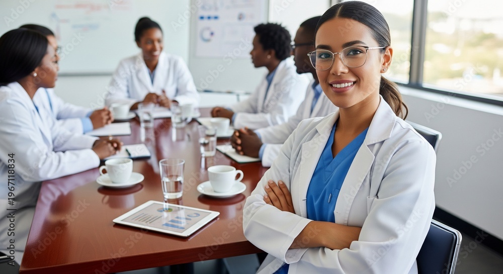 Fototapeta premium Confident female doctor leads team meeting in modern office; diverse medical professionals collaborating on healthcare strategy with data analytics