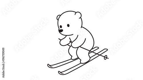 Bear skiing icon with poles and skis, depicted in a simple, modern, black and white line art style for a playful winter theme.