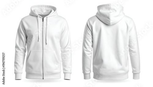 Blank White Zip-Up Hoodie Displayed Front and Back on White Background, Ideal for Mockups
