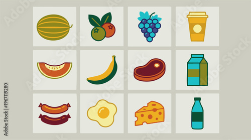 Colorful flat design icons featuring various food and beverage items