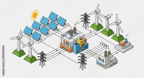 Renewable Energy Power Plant with Solar Panels and Wind Turbines.