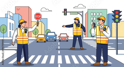 Traffic Controllers Directing Vehicles and Pedestrians Safely.