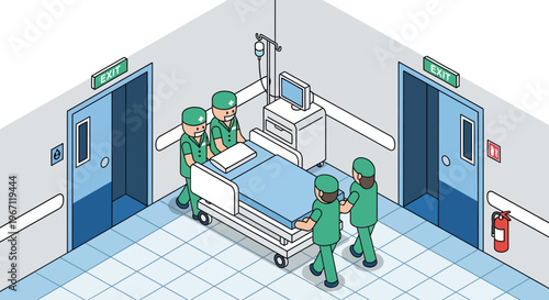 Medical Team Transports Patient on Stretcher in Hospital Corridor.