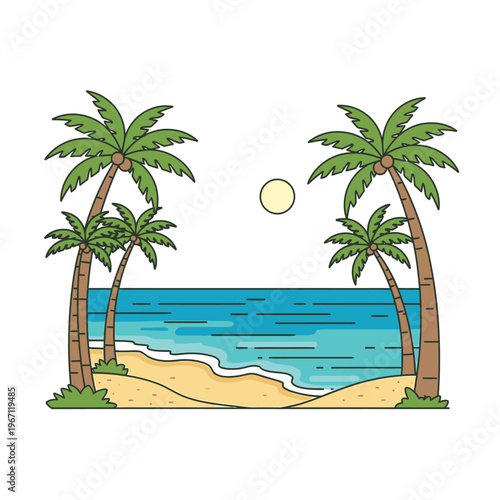 Tropical Beach Scene with Palm Trees and Ocean.