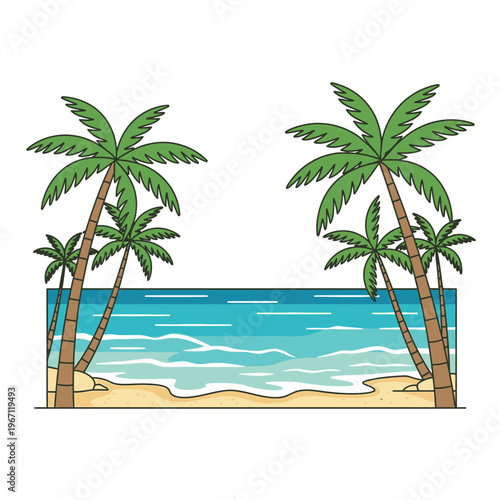 Tropical Beach Scene with Palm Trees and Ocean Waves.