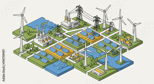Renewable energy sources and power grid infrastructure illustration.
