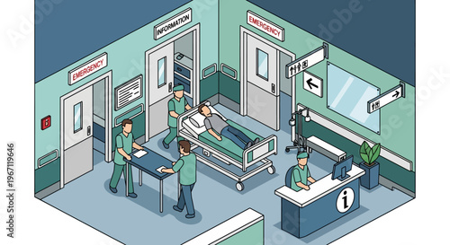Isometric hospital emergency room scene with medical staff and patient.