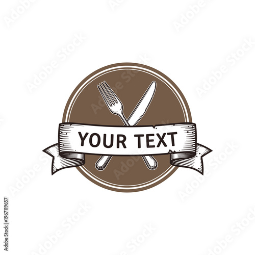 Vintage Restaurant Logo with Crossed Fork and Knife on a Brown Circle with a Banner for Text.