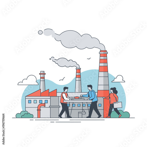 Two businessmen shaking hands in front of industrial factory chimneys.
