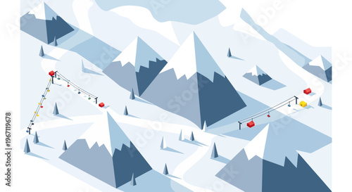 Winter Mountain Landscape with Ski Slopes and Trees.