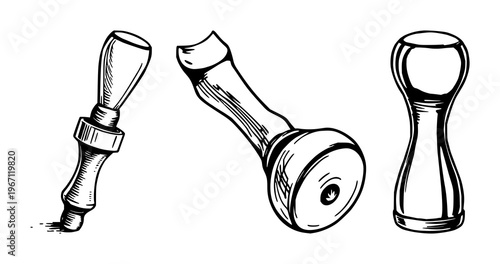 Stamp handle set with vintage black line art design featuring rubber stamp handle, press tool, archival tool with white background and line style