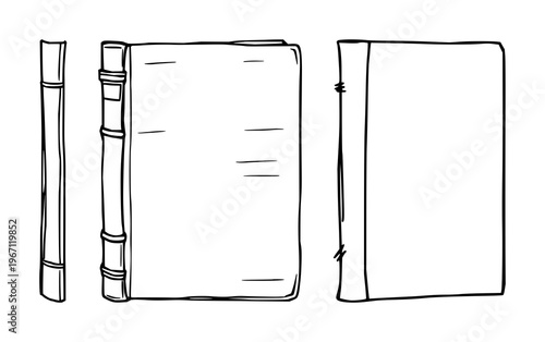 Ledger book spine set with black line art format on white background featuring vintage, book, spine illustrations with monochrome and educational