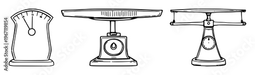 Vintage postal scale set with black line art illustration featuring postal scale, vintage design, black lines with illustration and vector graphics