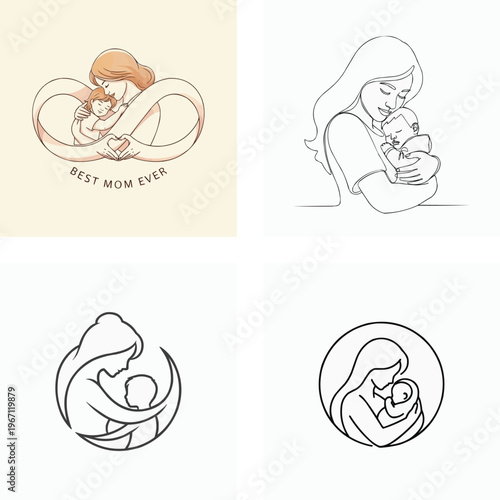Mother and child love illustration set in various line art styles and colors