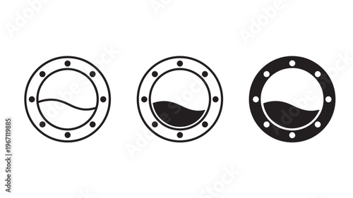 Portholes set with wave inside, showing liquid levels in various designs and fill levels, icon graphics.
