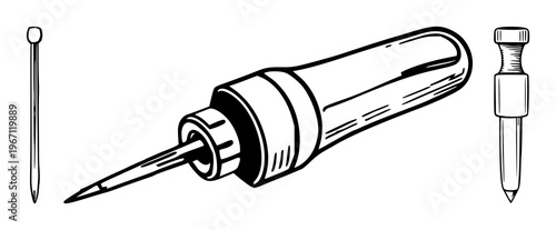 Peg reamer tools set with black line art on white background featuring peg reamer, precision tools, metalworking with technical illustration and minimalism