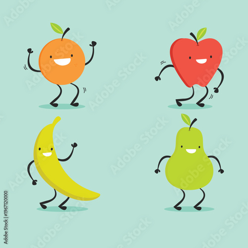 Cartoon fruits with legs and arms on a light blue background