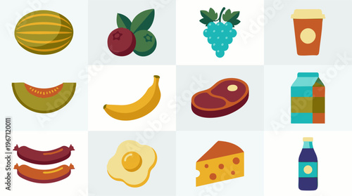 Set of diverse flat design food and drink icons on white background