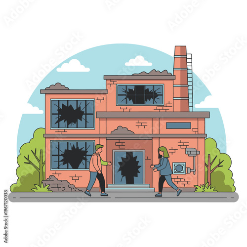 Two people approach a derelict factory building with broken windows.