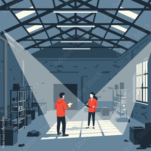 Two people in red jackets in spotlight.