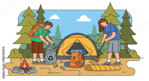 Two people setting up a campsite with tent and gear.