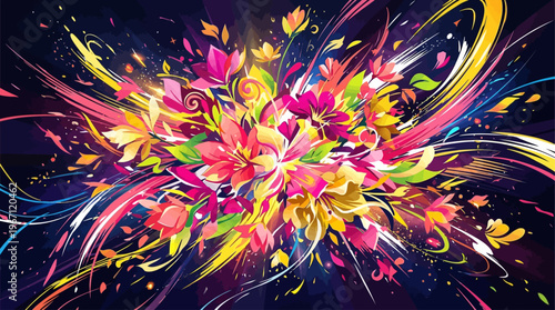 Explosion of Vibrant Floral Artistry Symbolizing Growth and Renewal Dynamic Abstract Composition Bursting with Life and Color Evoking Joyful Energy for Creative Projects