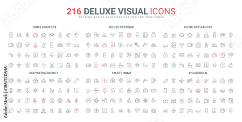 Home appliances and furniture items, smart system sensors of house, eco energy and recycling line icon set. Services and conditions for comfort thin black and red outline symbols vector illustration