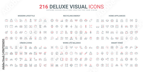 Modern communication and shopping, lifestyle and urban infrastructure line icon set. Household appliances and kitchen, furniture, smart home thin black and red outline symbols vector illustration