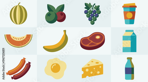 Variety of healthy and everyday food and drink icons in flat design style