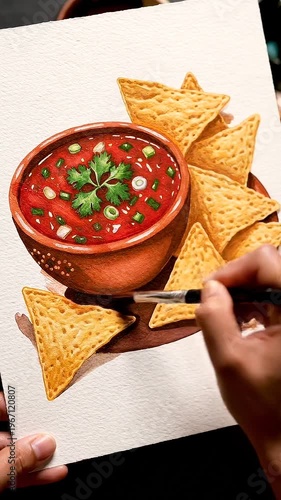 Hand painting salsa with tortilla chips.