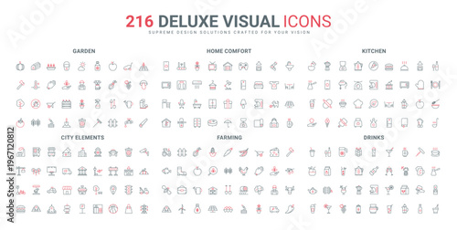 Smart home and farming equipment, domestic kitchen and garden works, food and drink line icons set. House furniture for comfort and city elements thin black and red outline symbols vector illustration