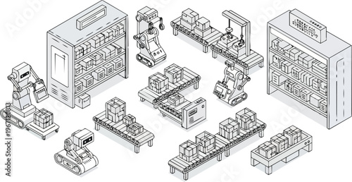 Isometric Line Art Illustration of an Automated Smart Warehouse with Logistics Robots, Conveyor Belts, and Shelving Systems for E-commerce Fulfillment and Distribution.