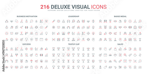 Business motivation to success, medal and cup, diamond to evaluate active leader career development, top team line icon set. Award and sales thin black and red outline symbols vector illustration