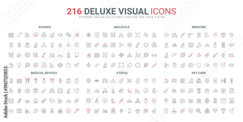 Medical devices and diseases, science discovery line icons set. Low battery and stress health problem, lab tests and genetic DNA research, robots thin black and red symbols vector illustration