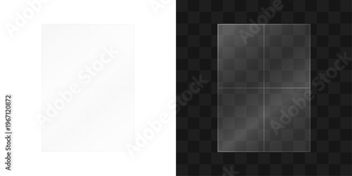 Realistic rectangular window glass panel with four sections and reflection texture on transparent background