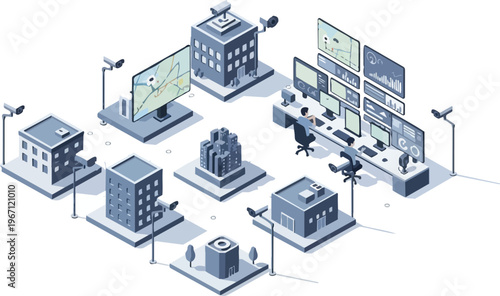 Isometric Smart City Surveillance System with CCTV Security Cameras, Monitoring Station, and Urban Data Analytics Visualization