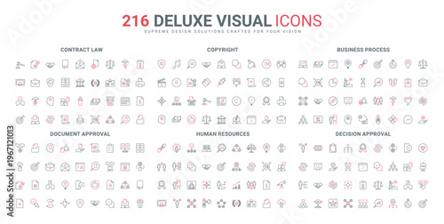 Decision approval and certified document, copyright and agreement line icon set. Employment, business growth and training of employees team thin black and red outline symbols vector illustration