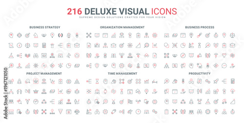 Productive business management and organization, focus on priorities and time, project startup line icon set. Efficiency of strategy, deal thin black and red outline symbols vector illustration