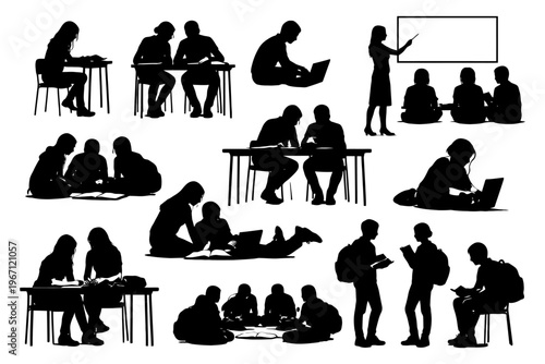 Silhouettes of students studying and collaborating in various learning environments.