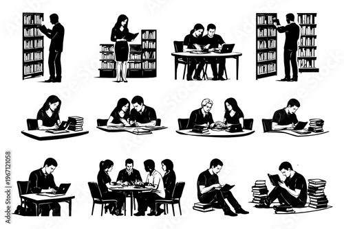 Silhouette of diverse people studying and reading in a library setting.