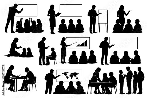 Diverse silhouettes of educators teaching students in various classroom settings.