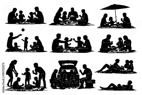 Family picnic silhouettes with diverse adults and children engaging in outdoor activities.