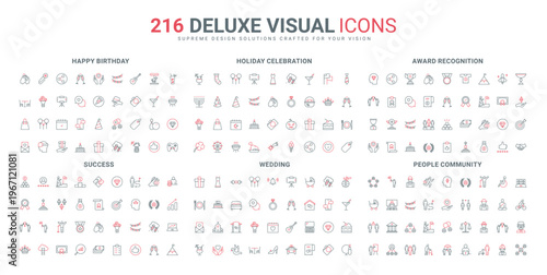 Wedding and birthday party event management, competition award, community and person line icon set. First place of success, crown and medallion thin black and red outline symbols vector illustration