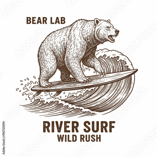 Brown bear surfing on wave board.