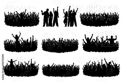 Energetic silhouettes of diverse people dancing at a lively concert.