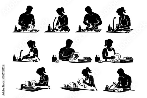 Silhouette illustrations of men and women washing dishes.